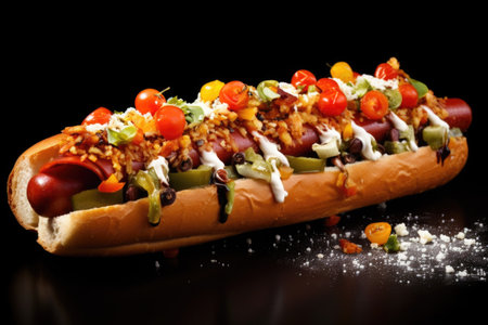 a gourmet hot dog adorned with fancy toppings, created with generative aiの素材