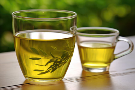 a hot cup of green tea alongside a glass of chilled white wine, created with generative aiの素材