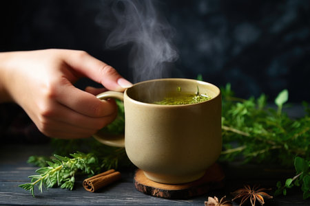 hand lifting a steaming mug of hot herbal tea, created with generative aiの素材