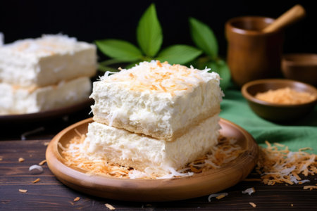 coconut ice cream sandwich decorated with shredded coconut on wooden table, created with generative aiの素材