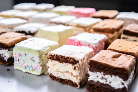 display of multiple ice cream sandwiches with assorted flavors in a row, created with generative aiの素材