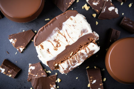 a chocolate ice cream sandwich with marshmallows seen from above, created with generative aiの素材
