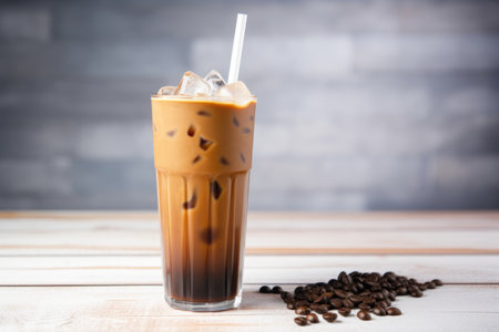 a refillable tumbler filled with iced coffee and a reusable straw, created with generative aiの素材
