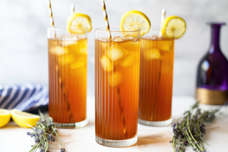 tall glasses of lavender iced tea with metal straws, created with generative aiの素材