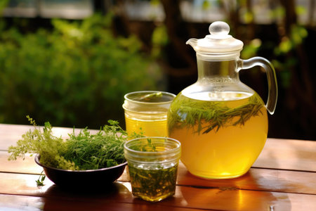 a jug of chilled herbal iced tea beside a pot of fresh herbs, created with generative aiの素材