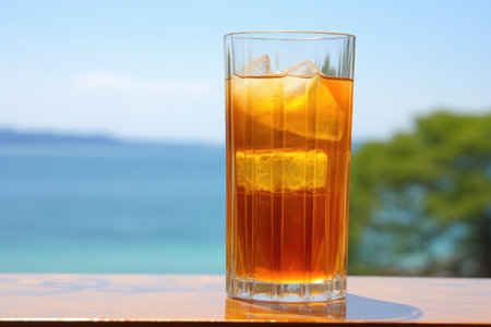 condensation on an iced tea glass with a beach background, created with generative aiの素材