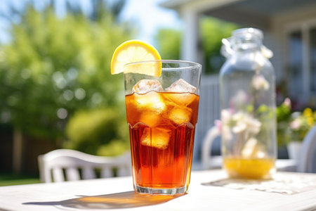 iced tea splashing out of a glass set on a sunny patio table, created with generative aiの素材