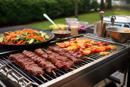 korean bbq setup with bulgogi beef strips on the grill, created with generative aiの素材
