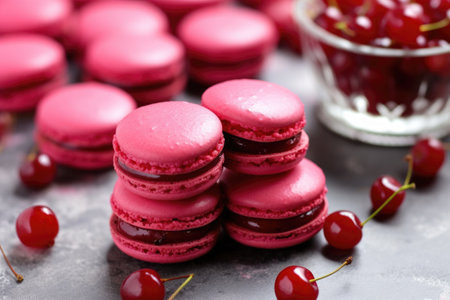 cherry macarons with fresh cherries placed nearby, created with generative aiの素材