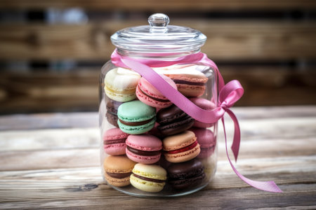 assorted macarons in a clear glass jar on a wooden table, created with generative aiの素材