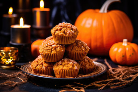 pumpkin spiced muffins with pumpkin-shaped candy on top, created with generative aiの素材