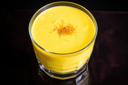 view of a chilled glass of mango lassi from the top angle, created with generative aiの素材