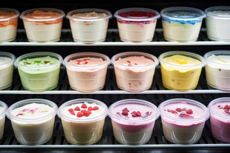 assorted yogurt cups in a supermarket fridge, created with generative aiの素材