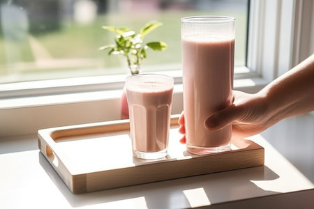 hand serving a milkshake on a tray against a sunny window, created with generative aiの素材