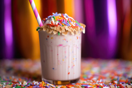 a striped straw poking out of a milkshake full of colorful sprinkles, created with generative aiの素材