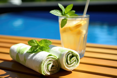 rolled towel next to a mojito cocktail on a deck chair, created with generative aiの素材