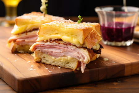 monte cristo sandwich cut diagonally on a wooden board, created with generative aiの素材