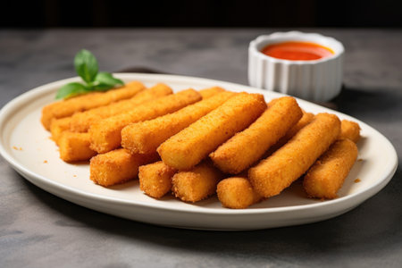 mozzarella sticks presented in a white ceramic plate, created with generative aiの素材