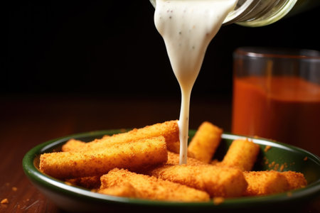 pouring flavored seasoning on mozzarella sticks, created with generative aiの素材