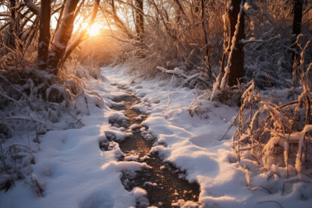 fresh footprints left on the frosty trail, created with generative aiの素材