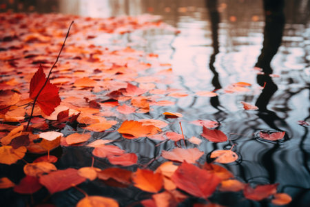 red and orange leaves on a serene pond, created with generative aiの素材