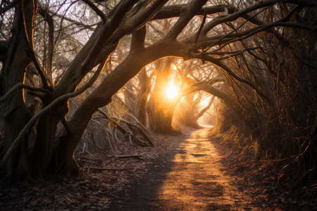 sunrays peeking through branches over an empty trail, created with generative aiの素材