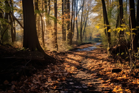 forest trail lined with sunlit fallen leaves, created with generative aiの素材