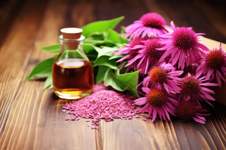 fresh cut echinacea plant on a wood table, created with generative aiの素材