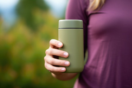 a shot of a hand holding a reusable cup of green tea, created with generative aiの素材
