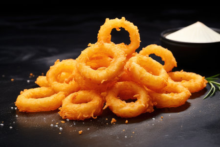 onion rings scattered over a black counter top, created with generative aiの素材