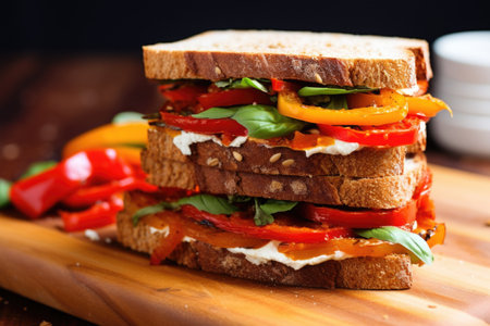 whole wheat bread with layers of grilled sweet peppers, created with generative aiの素材