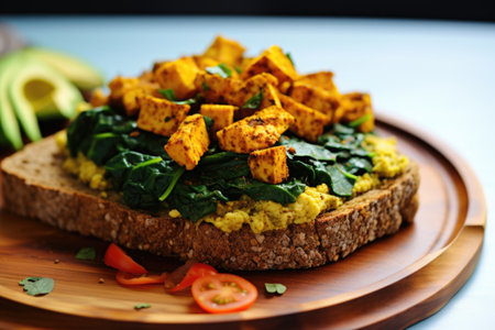 toasted wheat bread with tofu scramble and avocado topping, created with generative aiの素材