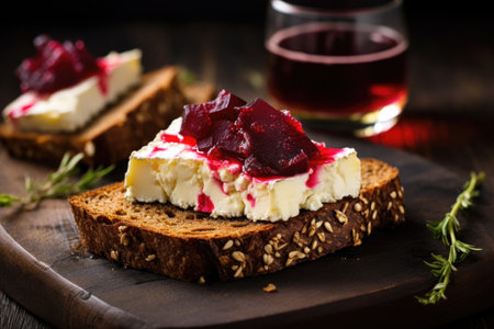 dark bread topped with pickled beetroot and slices of goat cheese, created with generative aiの素材