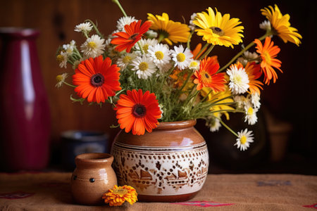 hand-picked flowers arranged in an african vase, created with generative aiの素材
