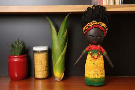 a homemade kwanzaa corn doll on a wooden shelf, created with generative aiの素材