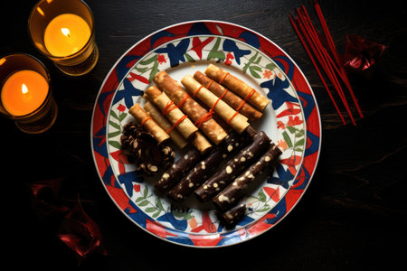 photograph of christmas crackers on a festive plate, created with generative aiの素材