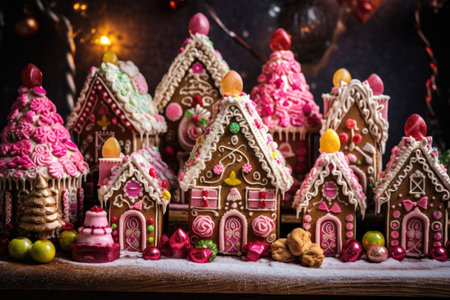 gingerbread houses decorated with candies and icing, created with generative aiの素材