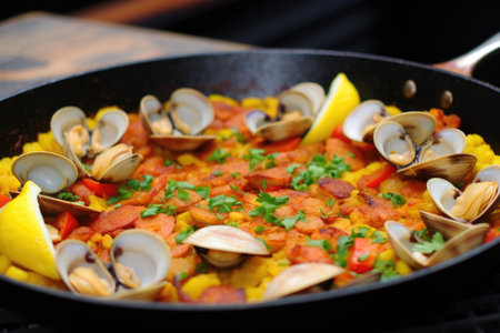 close look of a freshly prepared paella brimming with scallops, created with generative aiの素材