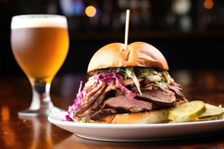 single slider sandwich, front of pale ale flanking on left, created with generative aiの素材