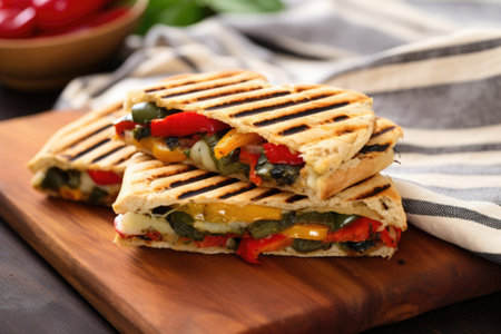 grilled vegetable panini with bell peppers on canvas mat, created with generative aiの素材