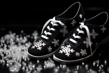 snowflakes resting on a black shoe during a dance, created with generative aiの素材