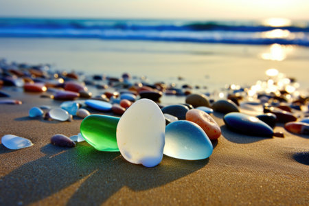 reflective sea glass, pebbles, seashells on a wet sand, created with generative aiの素材