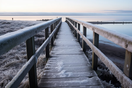 frost on a wooden pier extending into sea, created with generative aiの素材