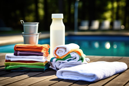 towels, swimming caps and thermoses on a picnic table, created with generative aiの素材