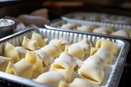 pasta shells filled with ricotta awaiting to be baked, created with generative aiの素材