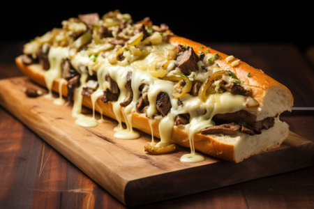 close-up of a juicy philly cheesesteak on a wooden chopping board, created with generative aiの素材