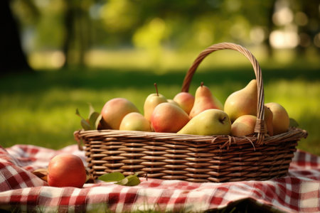 a woven basket filled with ripe, fragrant pears on a fall picnic setup, created with generative aiの素材