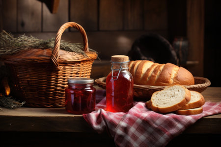 jar of homemade jam and basket of bread on wooden table, created with generative aiの素材