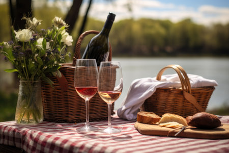 picnic setting with a wine bottle and a pair of glasses, created with generative aiの素材