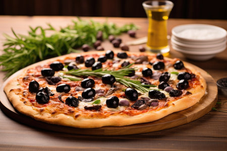 a thin crust pizza with black olives on a wooden board, created with generative aiの素材